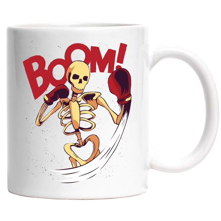 Cana Cu Schelete Uman Jucand Box, Text Boom!, Manusi Rosii Mari De Boxing, Iubitorii De Sport De Contact, 330 ml, cu maner Alb