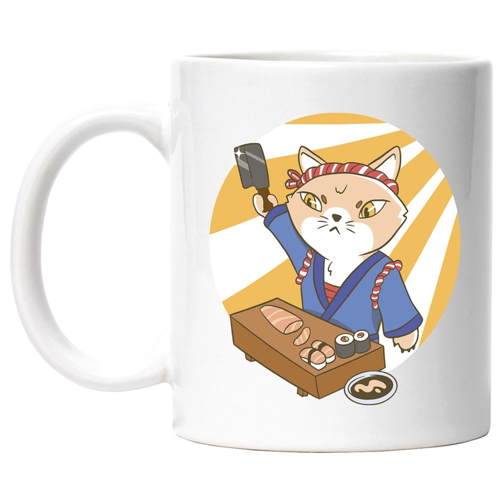 Cana Cu Pisica In Costum Traditional Asiatic Preparand Sushi, Sushi Cat, Animale Blanoase, Iubitorii De Peste, 330 ml, cu maner Alb