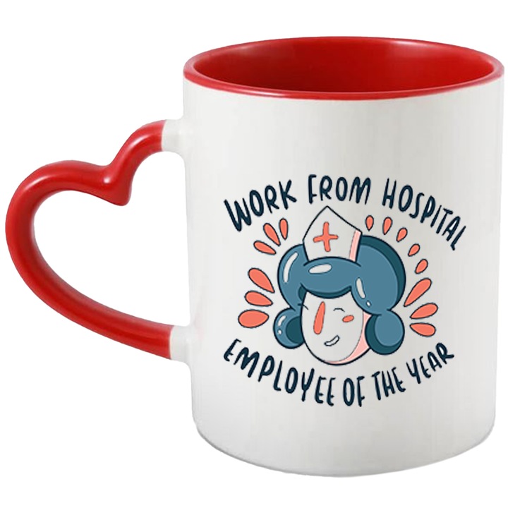 Cana Cu Text In Engleza Work From Hospital Employee Of The year, Asistente Medicale Super Erou, Iubitorii De Medicina, 330 ml, cu maner Inima Rosie