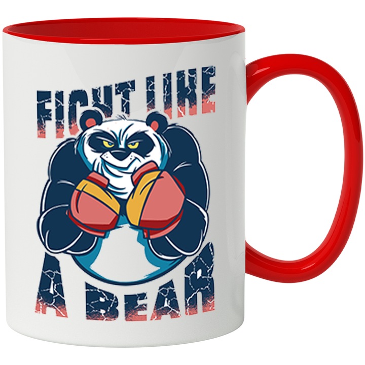 Cana Cu Urs Panda Cu Manusi Rosi De Box, Mesaj In Egleza Fight Like A Bear, Motivational, Multicolor 330 ml, cu maner Rosu