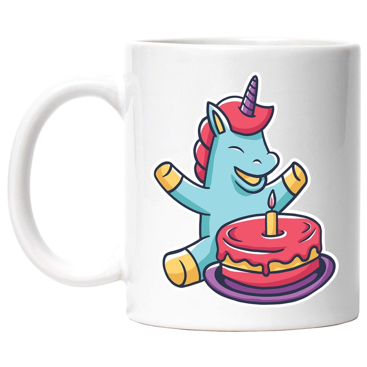 Cana Cu Uncorn Albastru aniversar Sufland In Lumanari, Copii, Iubitorii De Dsene animate, 330 ml, cu maner Alb