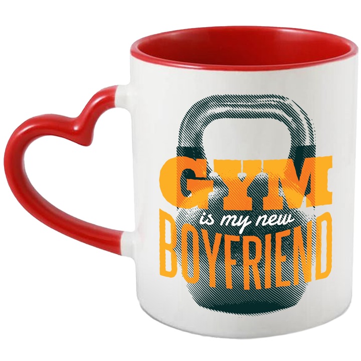 Cana Cu Gantera Pentru Fitness, Text In Engleza Gym Is My New Boyfriend, Motivational, Iubitorii De Sport, 330 ml, cu maner Inima Rosie