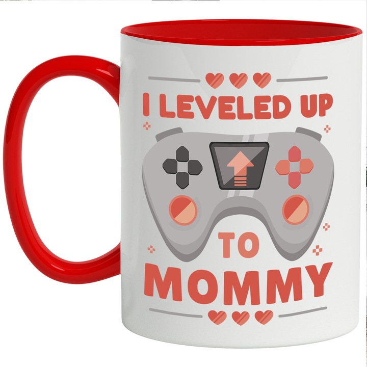 Cana Cu Maneta De Play Station, Mesaj In Engleza I Leveled Up To Mommy, Proasat Parinti, Familie, Multicolor 330 ml, cu maner Rosu