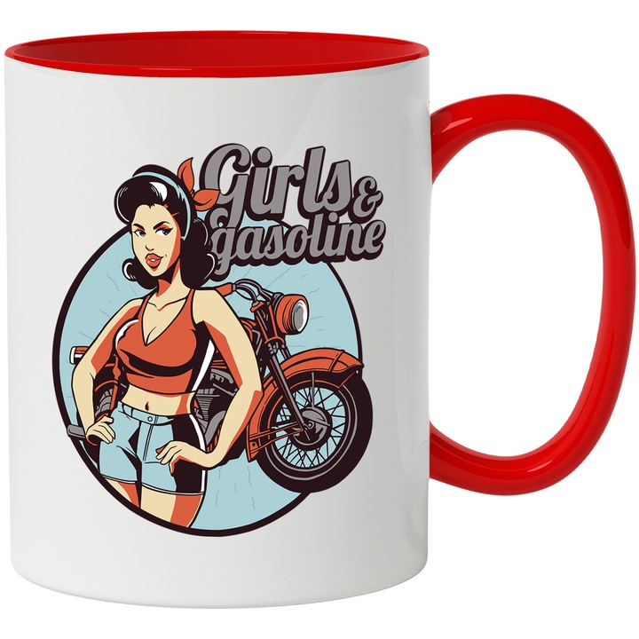 Cana Cu Fata Motocicleta Cu Bandana Rosie, Mesaj In Engleza Girls And Gasoline, Iubitorii De Motociclete 330 ml, cu maner Rosu