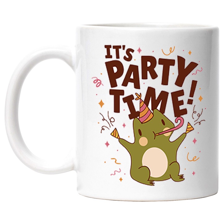 Cana Cu Broasca Cu Coif De Petrecere Si Confetti, Mesaj In Engleza It's Party Time!, Aniversare, Funny, Meme 330 ml, cu maner Alb