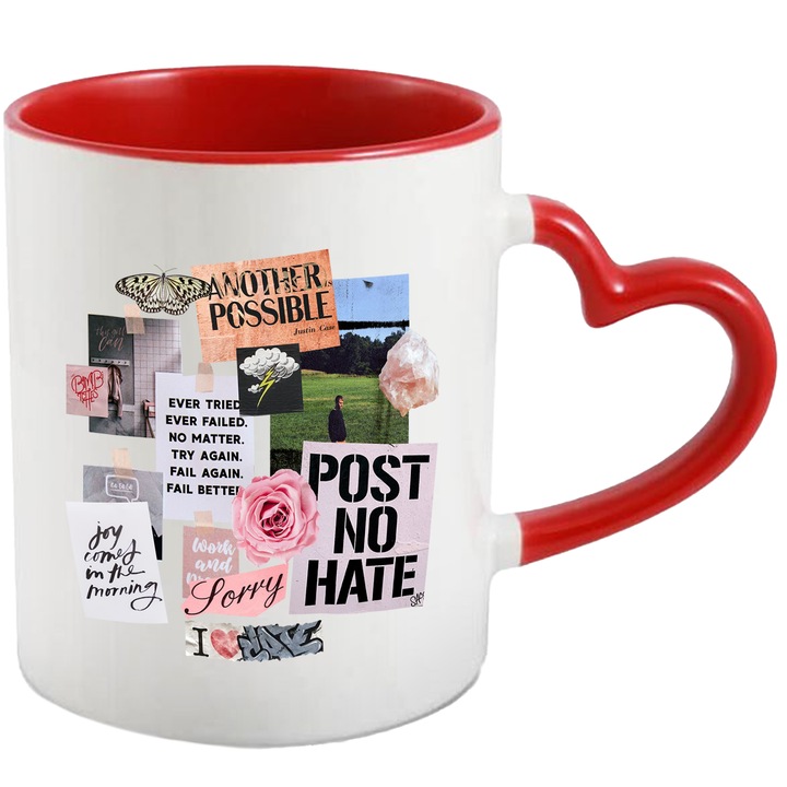 Cana Cu Postere Diverse, Mesaj In Engleza Post No Hate, Citate Inspirationale, Iubitorii De Arta, 330 ml, cu maner Inima Rosie