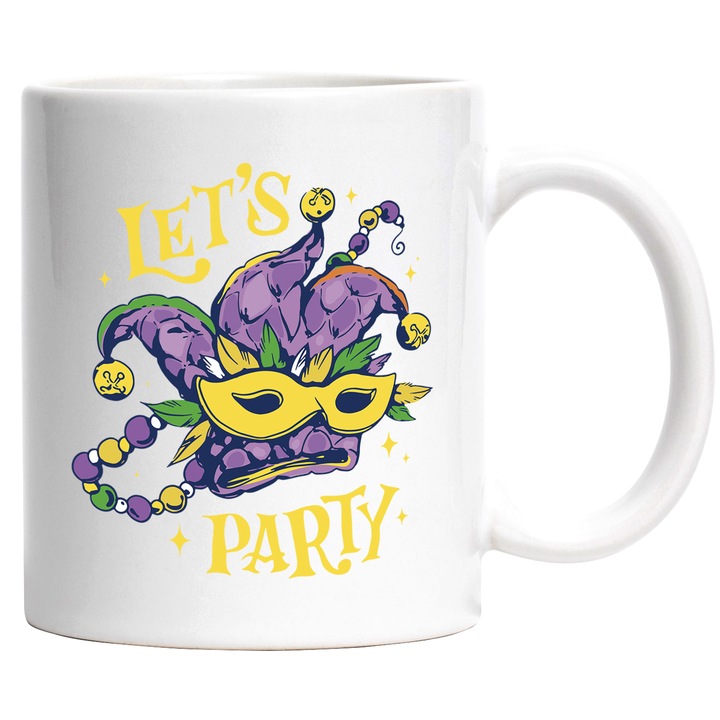 Cana Cu Masca De Carnaval Mov, Text In Engleza Let's Party, Mardi, Petrecere, Multicolor 330 ml, cu maner Alb