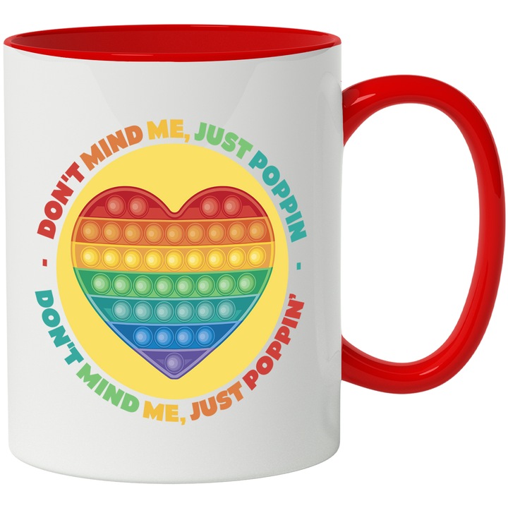 Cana Cu Text In Engleza Don't Mind Me Just Popping, Jcarie Anti-stres, Copii, Multicolor 330 ml, cu maner Rosu