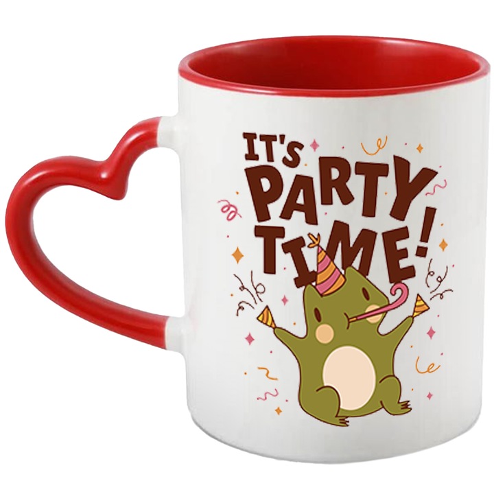 Cana Cu Broasca Cu Coif De Petrecere Si Confetti, Mesaj In Engleza It's Party Time!, Aniversare, Funny, Meme 330 ml, cu maner Inima Rosie