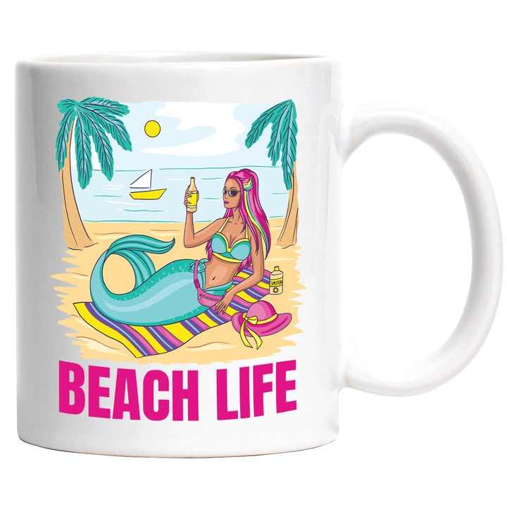 Cana Cu Text In Engleza Beach Life, Sirena Pe Plaja, Peisaj Exotic, Vacanta, Palmieri, Multicolor 330 ml, cu maner Alb