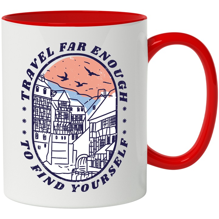 Cana Cu Citat De Calatorie Travel far Enough To Find Yourself, Peisaj Seara Oras Cladiri Inalte Intre Munti, Aventura, Iubitorii De Vacanta, 330 ml, cu maner Rosu