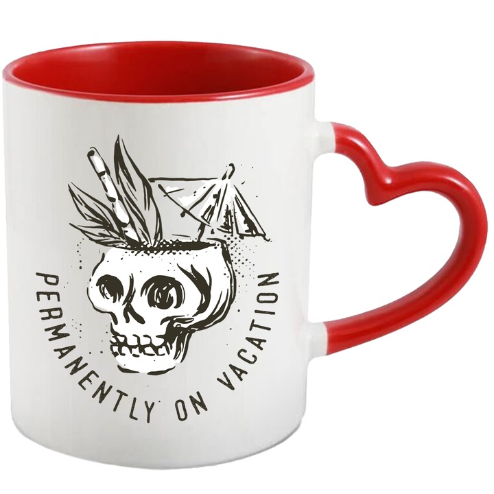 Cana Cu Text In Engleza Permanently On Vacantion, Craniu Ca Phar De racoritoare, Vacanta, Palmieri, Negru 330 ml, cu maner Inima Rosie