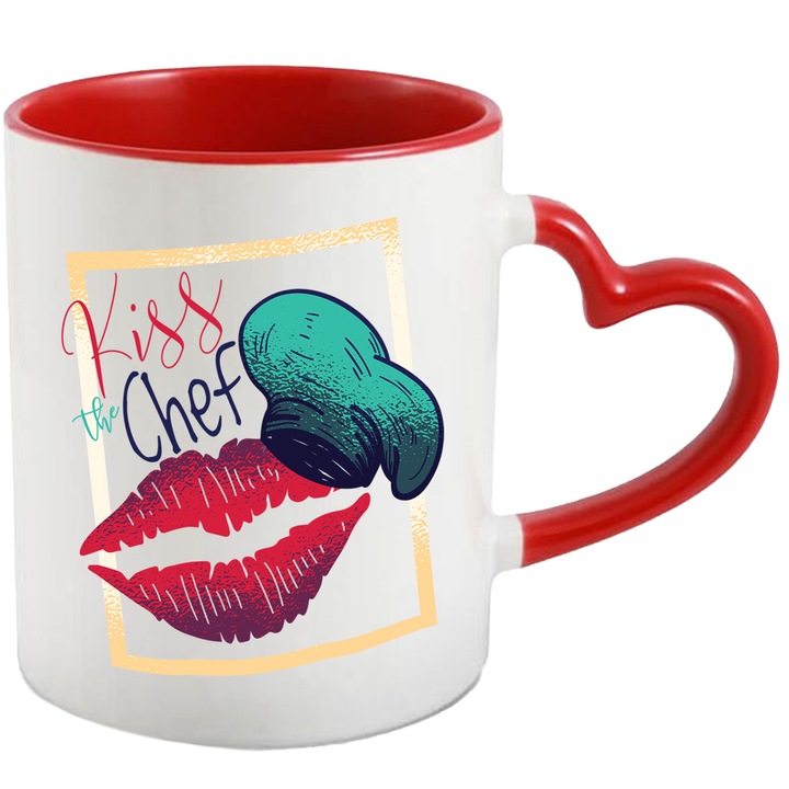 Cana Cu Urma Buze Rosii, Mesaj In engleza Kiss The Chef, Sef Bucatar, Iubitorii De Prajituri, 330 ml, cu maner Inima Rosie