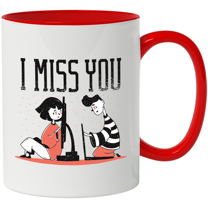 Cana Cu Cuplu La Distanta Monitoare, Mesaj In Engleza I Miss You, Relatii Cu Dificultate, Romantic, Motivational 330 ml, cu maner Rosu