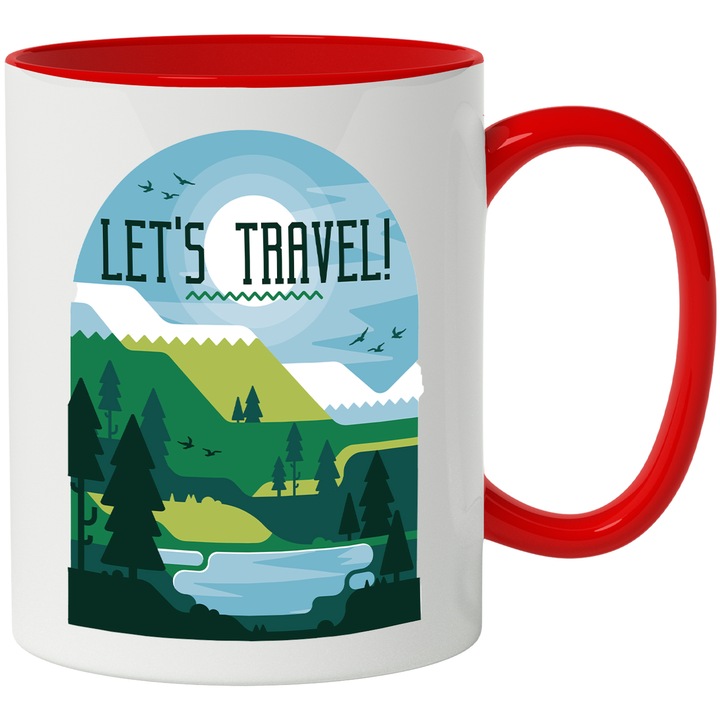 Cana Cu Peisaj Verde Natura Soare Stralucitor, Mesaj In Engleza Let's Travel, Iubitorii De Calatorie, 330 ml, cu maner Rosu