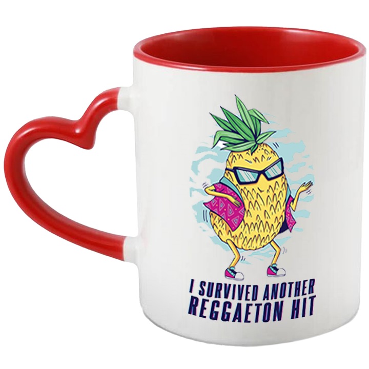 Cana Cu Ananas Pe Plaja Cu Ochelari DE Soare Dansand, Mesaj In Engleza I Survived Another Reggaeton Hit, Iubitorii De Petrecere, 330 ml, cu maner Inima Rosie