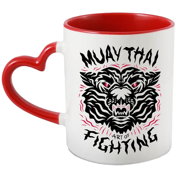 Cana Cu Portret Dragon Ochii Rosi, Mesaj In Engleza Muay thai Art Of Fighting, Lupte, Motivational 330 ml, cu maner Inima Rosie