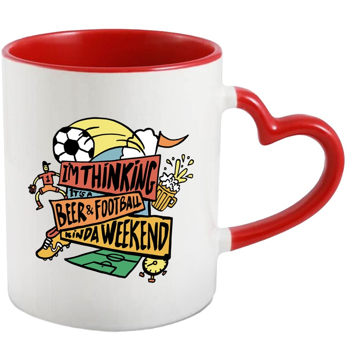Cana Cu Jucatori De Fotbal, Text In Engleza I'm Thinking Beer And Football Kind Weekend, Iubitorii De Joc In Echipa, Multicolor 330 ml, cu maner Inima Rosie