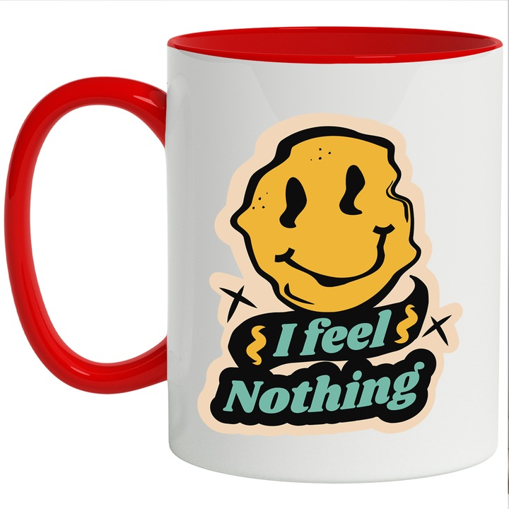 Cana Cu Emoticon Galben Smiley face, Mesaj In Engleza I Feel Nothing, Filtru Blur, Oameni Puternici, 330 ml, cu maner Rosu