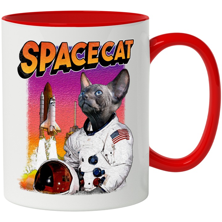 Cana Cu Pisica In Costum De astronaut, Rachete Decaoland, Mesaj In Engleza Space Cat, Animale Blanoase, Iubitorii De Astronomie, 330 ml, cu maner Rosu