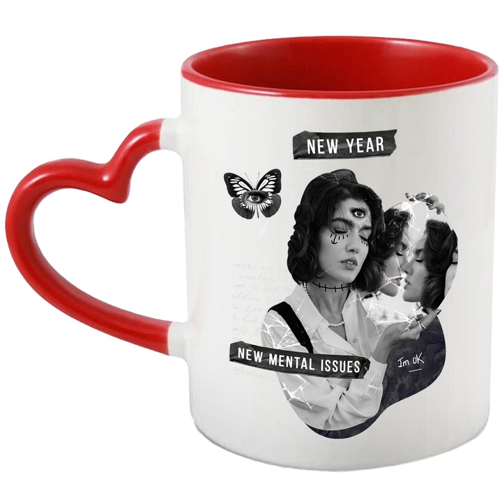 Cana Cu Femeie Alb-Negru, Mesaj In Engleza New Year New Mental Issue, Iubitorii De Arta Abstrcta, 330 ml, cu maner Inima Rosie