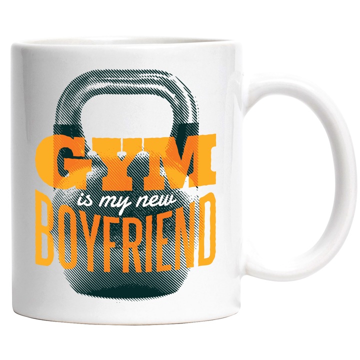 Cana Cu Gantera Pentru Fitness, Text In Engleza Gym Is My New Boyfriend, Motivational, Iubitorii De Sport, 330 ml, cu maner Alb
