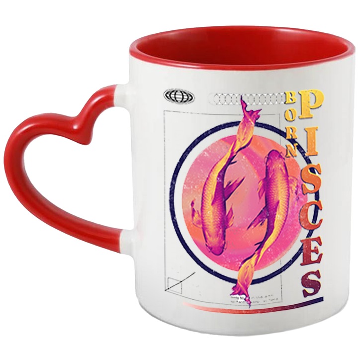 Cana Cu Semn Zodiac Pesti, Semn Simbolic Mesaj In Engleza Born Piscis Iubitorii De Zodiac, 330 ml, cu maner Inima Rosie
