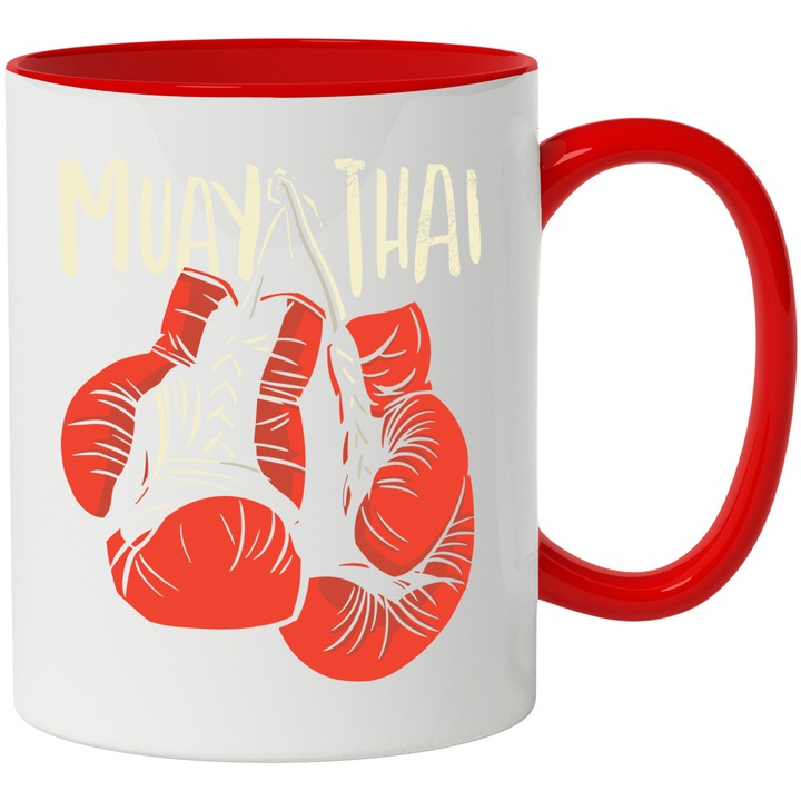 Cana Cu Manusi Rosi De Box Atarnate, Mesaj In Egleza Muay Thai, Iubitorii De Sport De Contact, Motivational, Multicolor 330 ml, cu maner Rosu