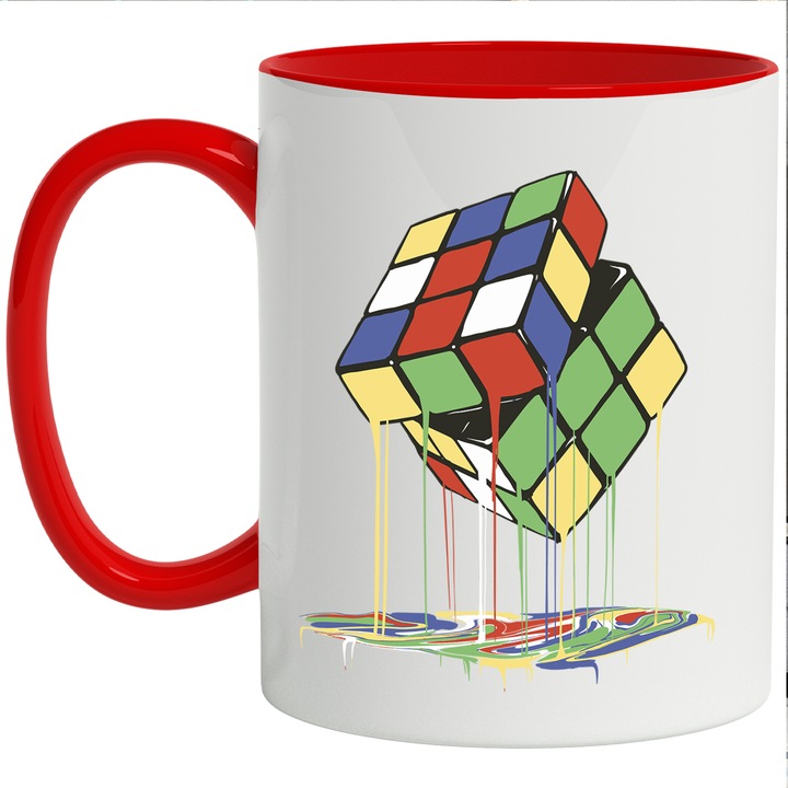 Cana Cu Cub Rubik Scurgandu-se, Joc Al Mintii, Motivational, Multicolor 330 ml, cu maner Rosu