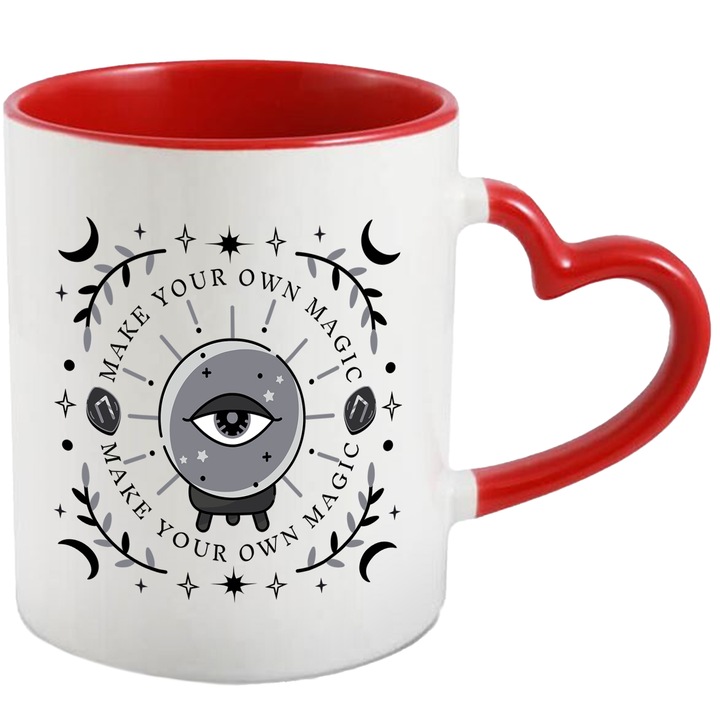 Cana Cu Mesaj In Engleza Make Your Own Magic, Ochii Simbolic, Iubitorii De Lumi Misterioase, Gri, 330 ml, cu maner Inima Rosie