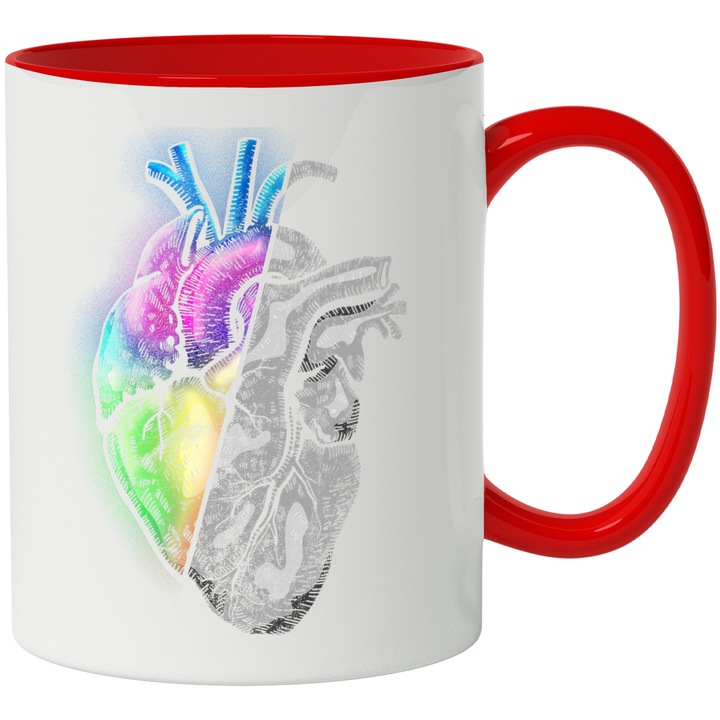 Cana Cu Inima Reala Taiat In Doua, Multicolor Alb Gri, Organe Umane, Medicina, 330 ml, cu maner Rosu