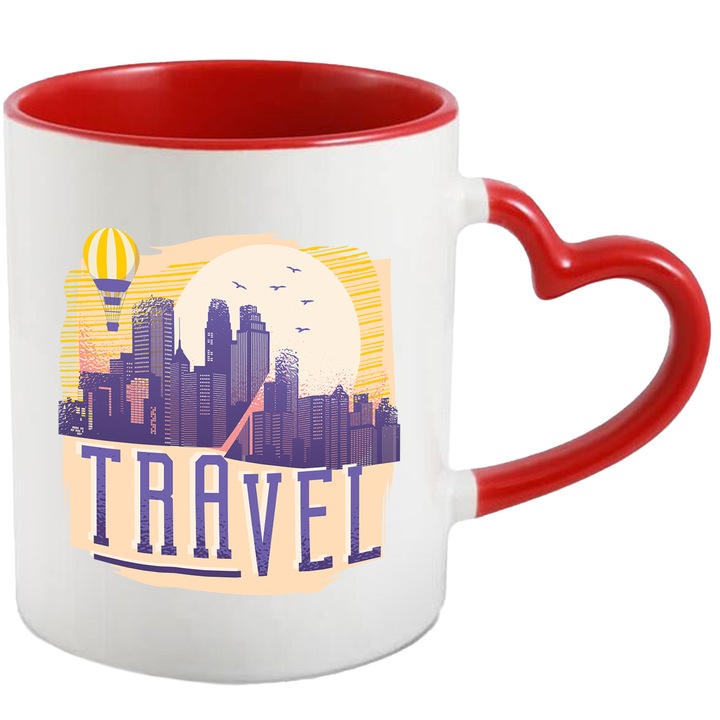 Cana Cu Peisaj Uraban Apus De Soare Oras Cladiri Inalte Balon Cu aer Cald, Aventura, Iubitorii De Vacanta, 330 ml, cu maner Inima Rosie