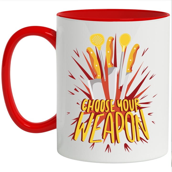 Cana Cu Instrumente De Bucatarie, Mesaj In Engleza Choose Your Weapon, Glume Bucatarie, Iubitorii De mancare, Multicolor 330 ml, cu maner Rosu