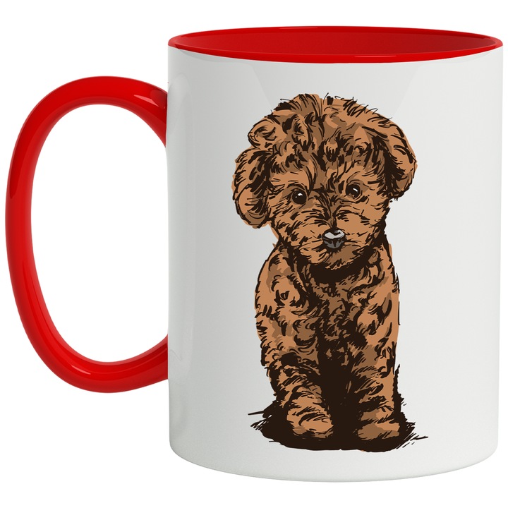 Cana Cu Caine Maro Mic Rasa Poodle, Animale De Companie Blanoase, Iubitorii De Caini Si Pisici, 330 ml, cu maner Rosu