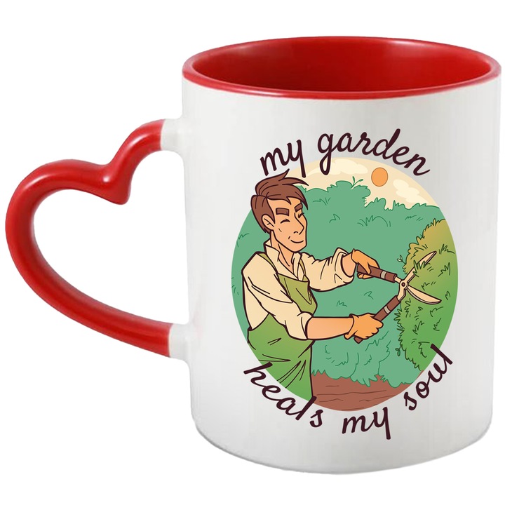 Cana Cu Om Gradinarind, Mesaj In Engleza My Garden Heals My Soul, Iubitorii De Natura Si Gradina, 330 ml, cu maner Inima Rosie