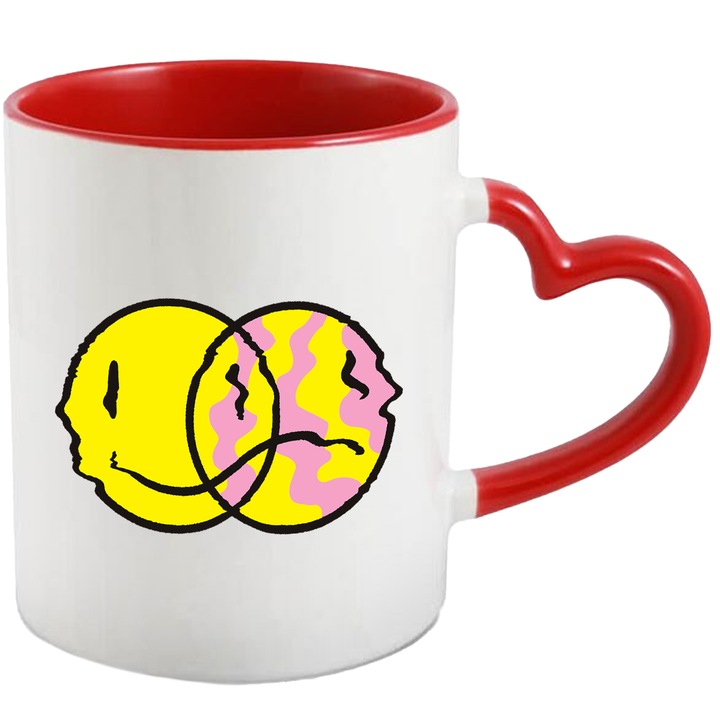Cana Cu Happy and Sad Emojy, Emoticaone galbene, Digital, Smiley Face 330 ml, cu maner Inima Rosie