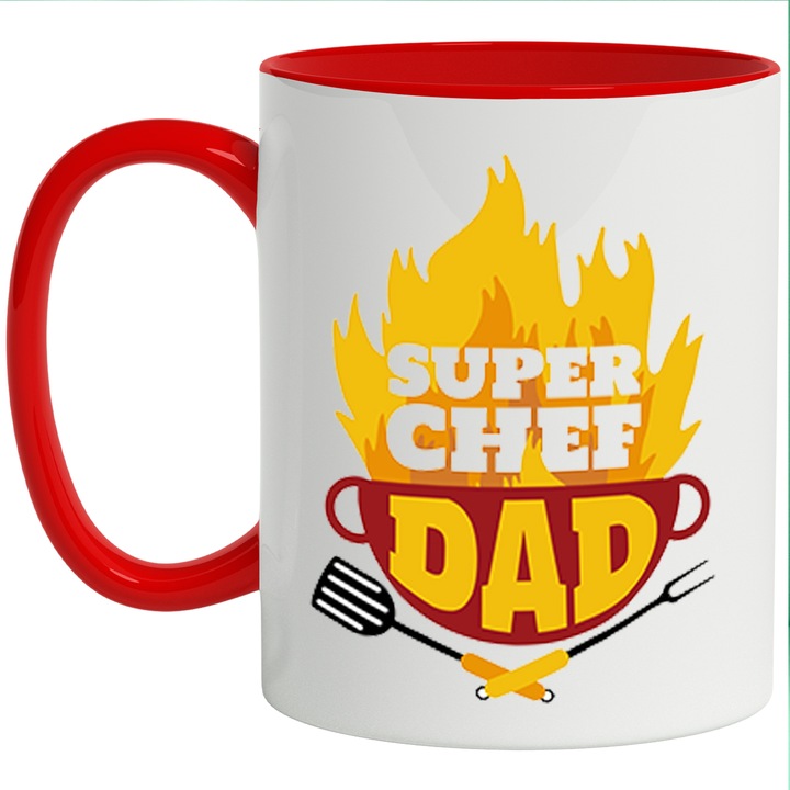 Cana Cu Gratar In Flacari, Mesaj In Engleza Super Chef Dad, Instrumente gratar, barbeque, 330 ml, cu maner Rosu