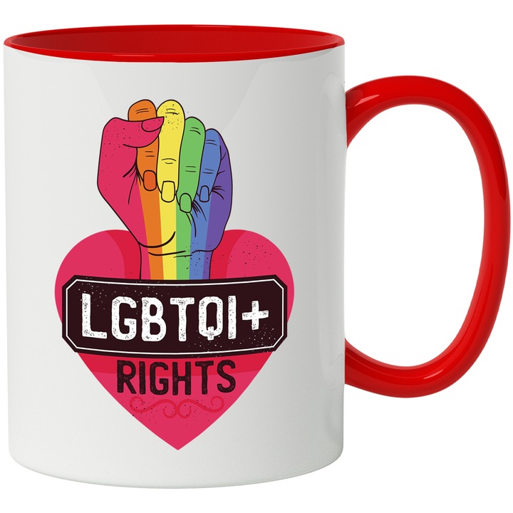Cana Cu Mana Oumn Strans LGBTQI+, Mesaj In Engleza Rights, Iubitorii De Diversitate, 330 ml, cu maner Rosu
