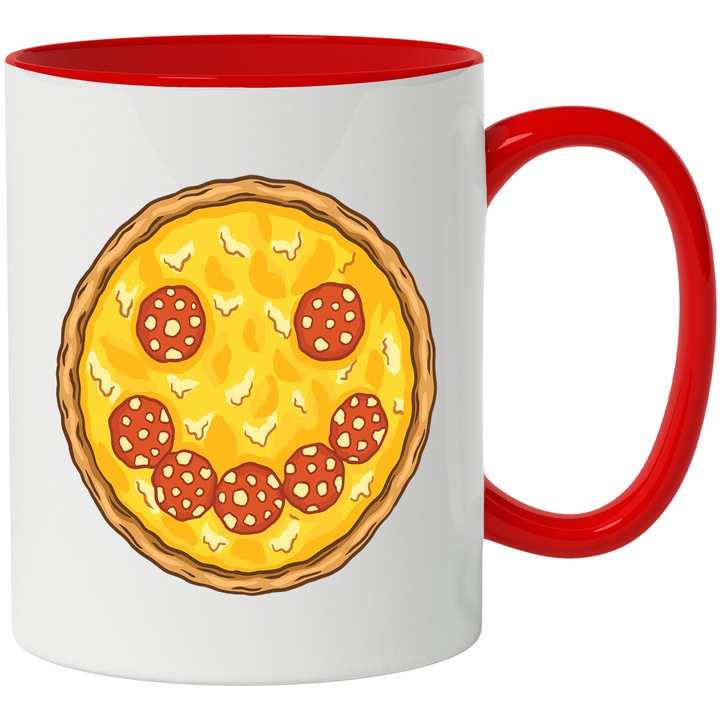 Cana Cu Pizza Salami Pepperoni, Smiley Face, Italia, Iubitorii De Fast Food, Multicolor 330 ml, cu maner Rosu