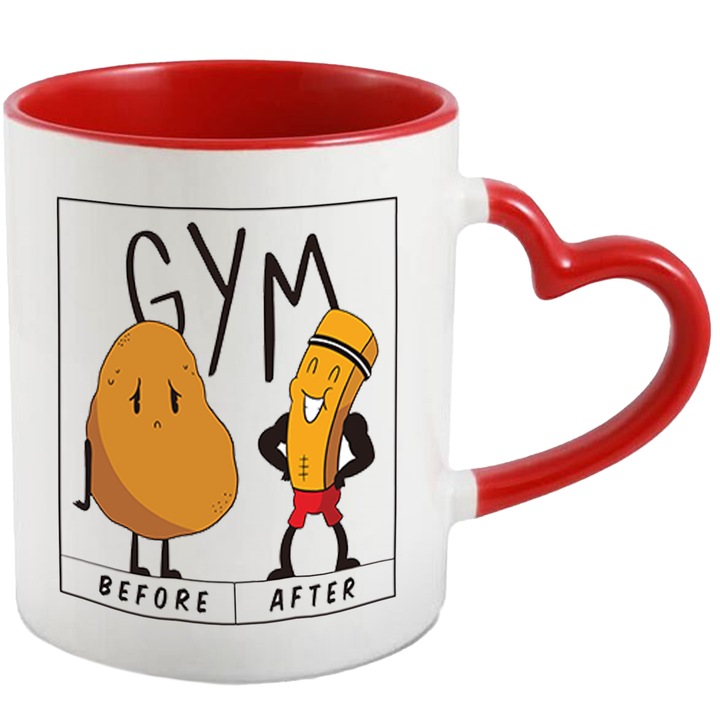 Cana Cu Inainte Si Dupa Gym, Cartof, Funny, Sport. Iubitorii De Fitness, Multicolor 330 ml, cu maner Inima Rosie