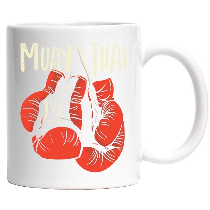 Cana Cu Manusi Rosi De Box Atarnate, Mesaj In Egleza Muay Thai, Iubitorii De Sport De Contact, Motivational, Multicolor 330 ml, cu maner Alb