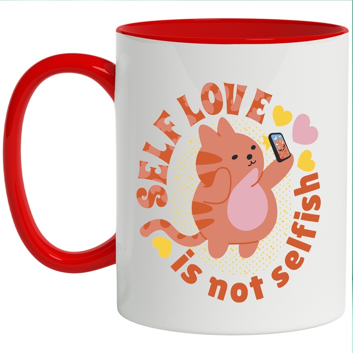 Cana Cu Self Love Is Not Selfish, Text In Engleza, Pisica Roz Facand Selfie, Iubire De Sine, Multicolor 330 ml, cu maner Rosu