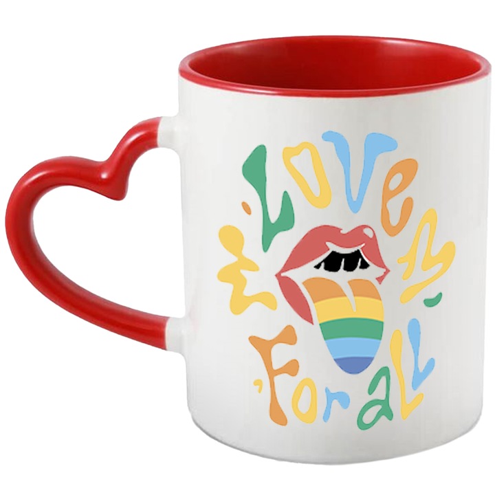 Cana Cu Buze Rosii, Gura Deschisa Limba Multicolor, Text In Engleza Love For all, Iubitorii De Diversitate, 330 ml, cu maner Inima Rosie