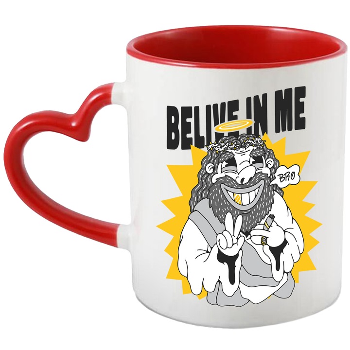 Cana Cu Hippie Jesus, Text In Engleza Belive In Me, Crestinism, Iubitorii De Adrenalina, 330 ml, cu maner Inima Rosie