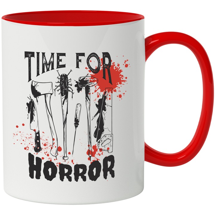 Cana Cu Arme Cu Sange, Mesaj In engleza Time For Horror, Iubitorii De Hallowen, 330 ml, cu maner Rosu