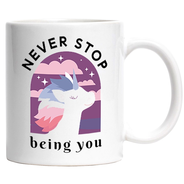 Cana Cu Unicorn Cu Coama Multicolor Si Corn Roz In Vant, Mesaj In Engleza Never Stop Being You, Incredere De Sine, Self Love, 330 ml, cu maner Alb
