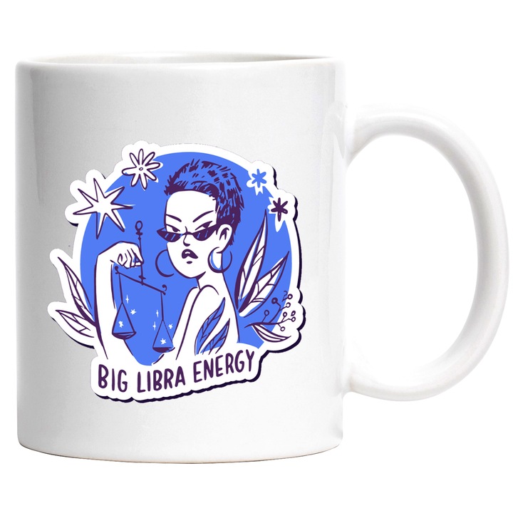 Cana Cu Semn Zodiac Balanta, Semn Simbolic, Femeie Cu Par Scurt Ci Ochelarii De Soare, Iubitorii De Zodiac, 330 ml, cu maner Alb