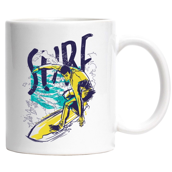 Cana Cu Om Pe Valuri Pe Placa DE Surf, Hawaii, Text In Engleza Surf, Sport Pe apa, Iubitorii De Vara, 330 ml, cu maner Alb