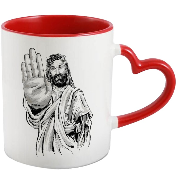Cana Cu Issus Aratand Semn Stop, Credinta, Semn Simbolic Iubitorii De Biblie, 330 ml, cu maner Inima Rosie