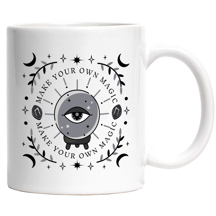 Cana Cu Mesaj In Engleza Make Your Own Magic, Ochii Simbolic, Iubitorii De Lumi Misterioase, Gri, 330 ml, cu maner Alb